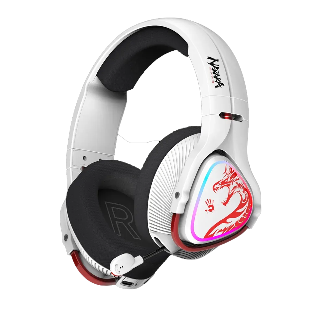 Bloody Naraka MR720 — Naraka MR720 with white-and-red styling and themed earcup artwork.