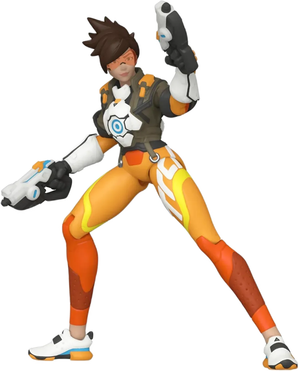 Tracer outside the packaging, with her orange outfit and pistols. Funko Tracer — Tracer outside the packaging, with her orange outfit and pistols.