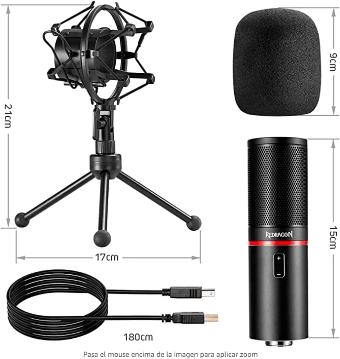 Redragon GM300 Blazar — Mikrofoni, mbajtësja, filtri dhe kablloja së bashku.