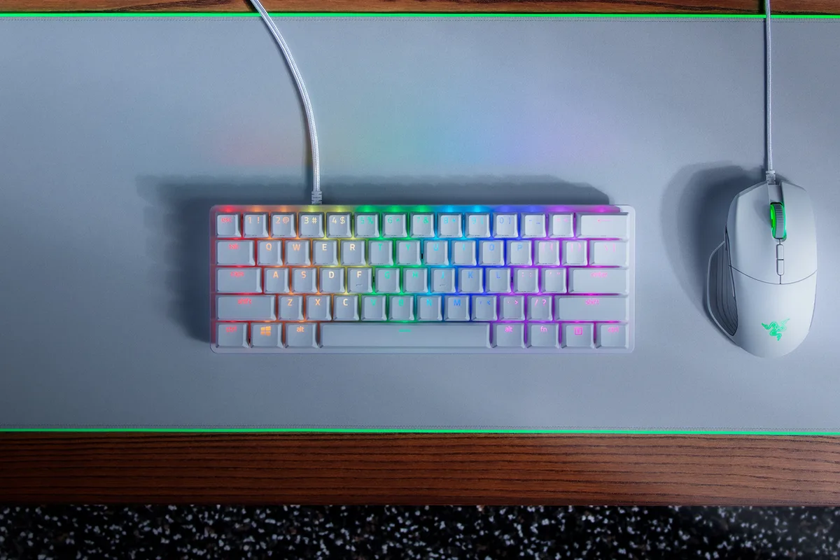 Razer Huntsman Mini Mercury — The Mercury finish in a white desk setup; other pictured peripherals are separate.