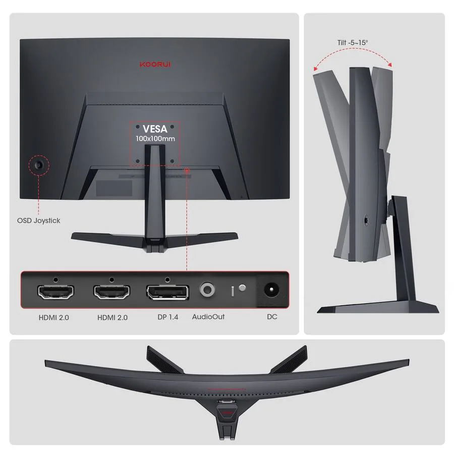 Koorui 27E6CA — Rear connections, tilt range and 100 × 100 mm VESA mounting.