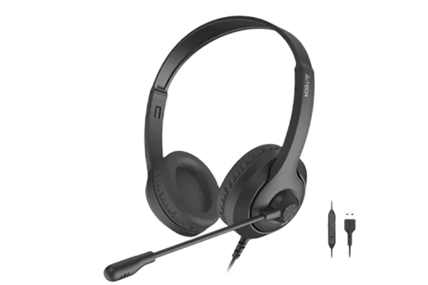 A4Tech FH-100 analogue headset — Spinat e veçanta të audios dhe mikrofonit lidhen te portat 3.5 mm të kompjuterit.