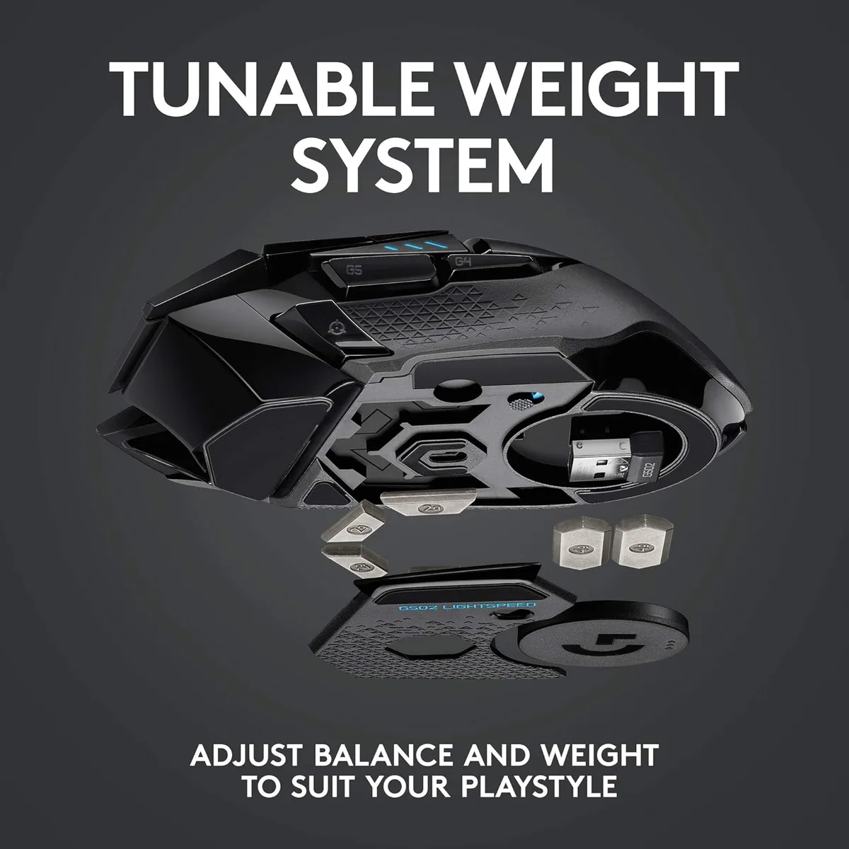 Logitech G502 LIGHTSPEED — The underside design includes compartments for adjusting the weight.