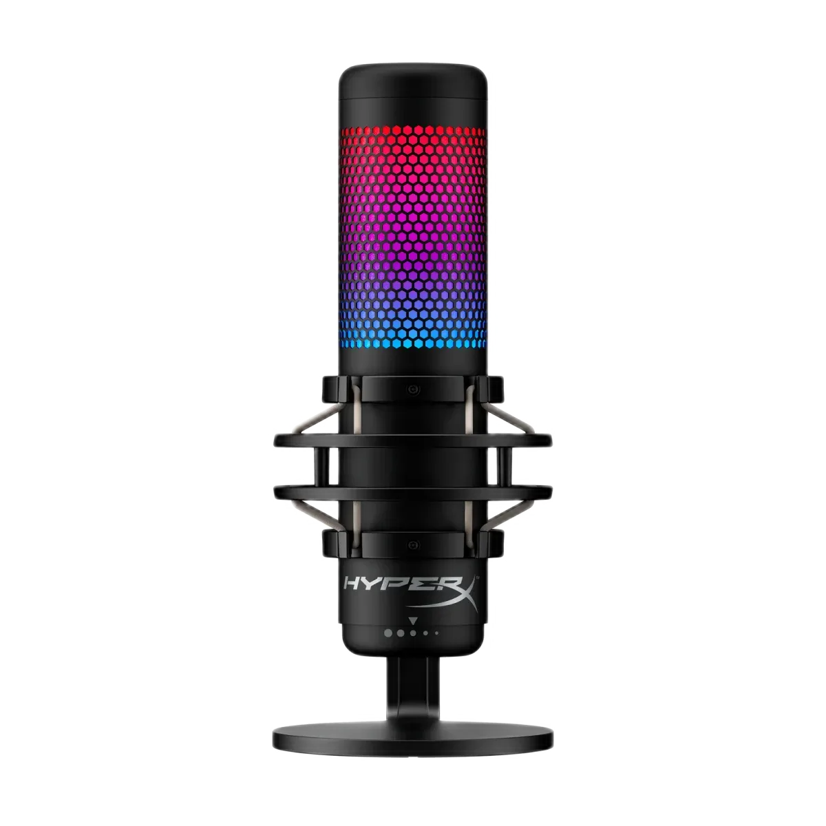 HyperX QuadCast S — QuadCast S i zi me ndriçim RGB dhe mbajtëse kundër dridhjeve.