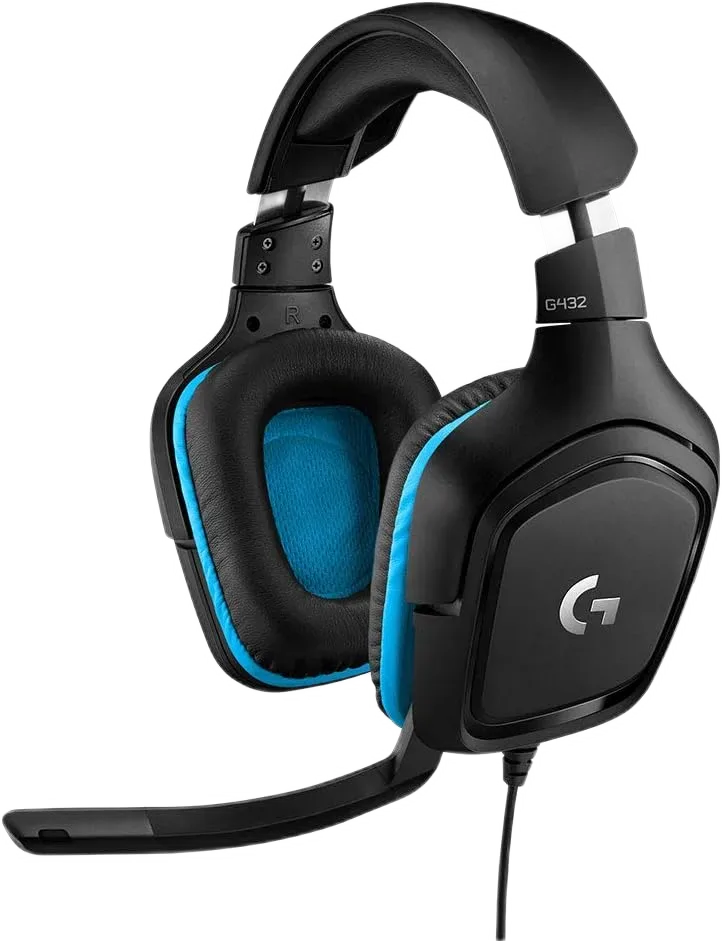 Logitech G432 Black/Blue — G432 in black and blue with its attached boom microphone.