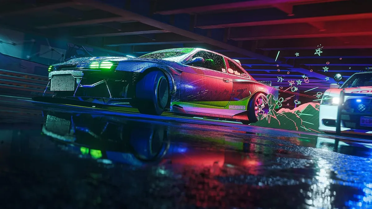 Need for Speed: Unbound — Customised cars and city lighting establish Unbound's street-racing style.