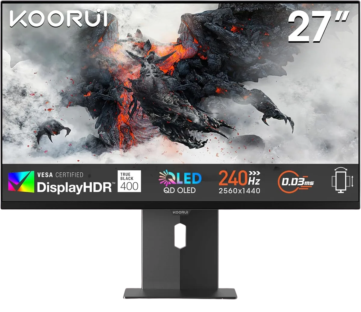 Koorui S2721XO — The flat 27-inch OLED display on its adjustable stand.