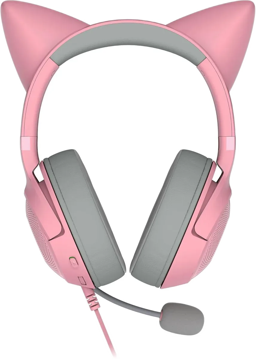 Razer Kraken Kitty V2 Quartz — Pamje ballore e mbështetëses, jastëkëve dhe veshëve të fiksuar.