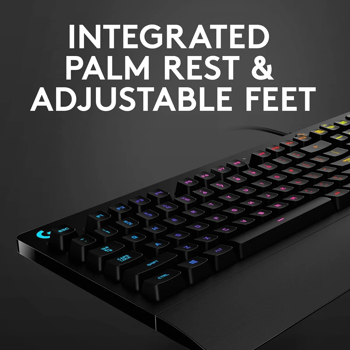 Logitech G213 Prodigy — The integrated palm rest extends across the front of the keyboard.