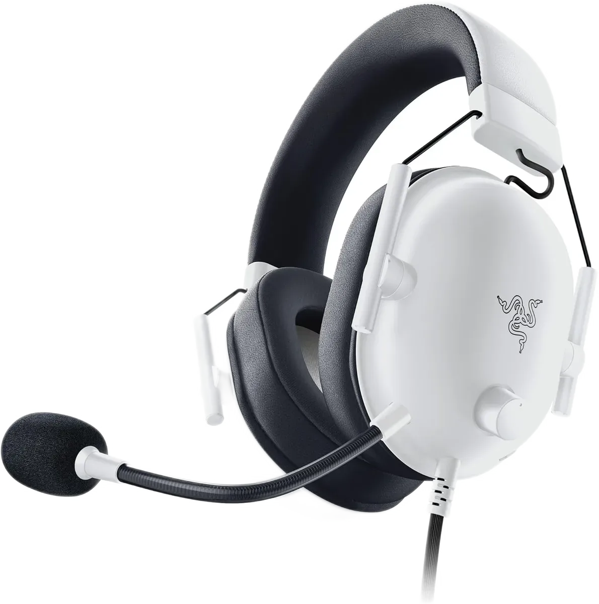 Razer BlackShark V2 X White — White BlackShark V2 X with its fixed microphone and slim earcup supports.