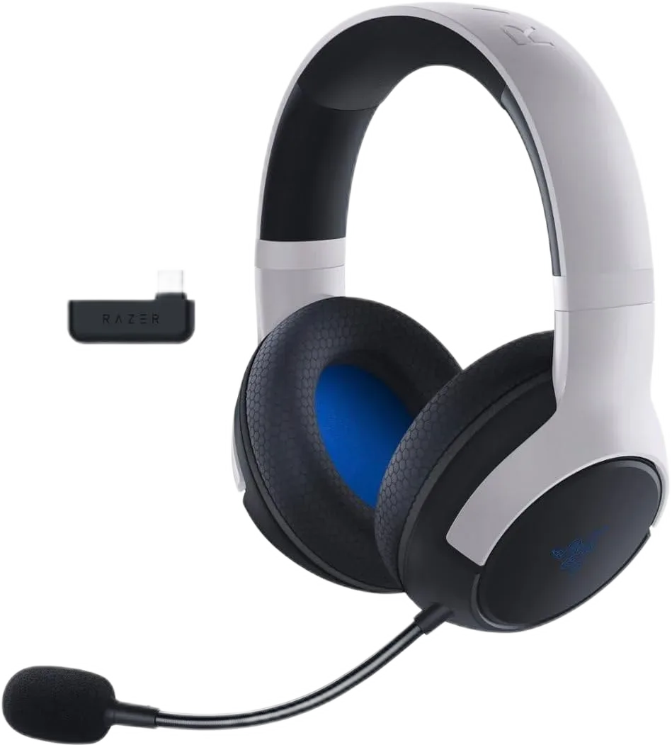 Razer Kaira for PS5 — White-and-black Kaira with blue accents and its fixed microphone.