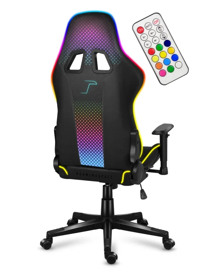 Huzaro Force 6.3 RGB Mesh — The illuminated rear pattern adds a different view when the chair faces the desk.