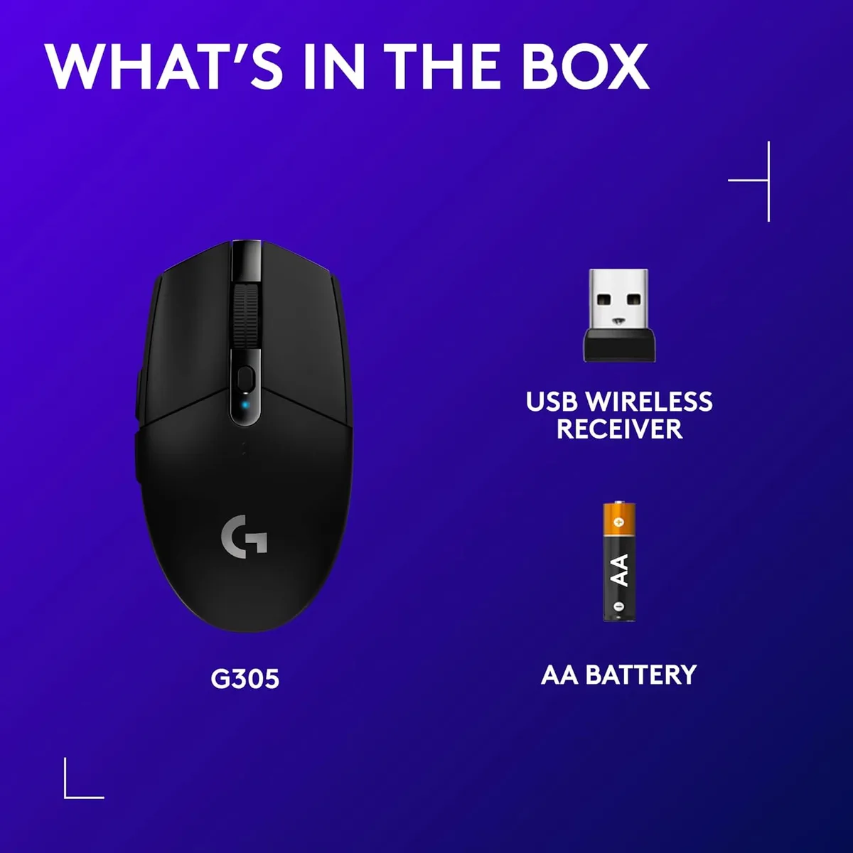 Logitech G305 Black — Bateria AA dhe marrësi USB janë pjesë e lidhjes wireless.