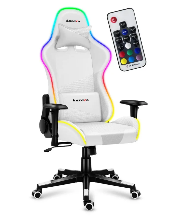 Huzaro Force 6.2 White RGB — White Force 6.2 with RGB edging and removable neck and lumbar support cushions.