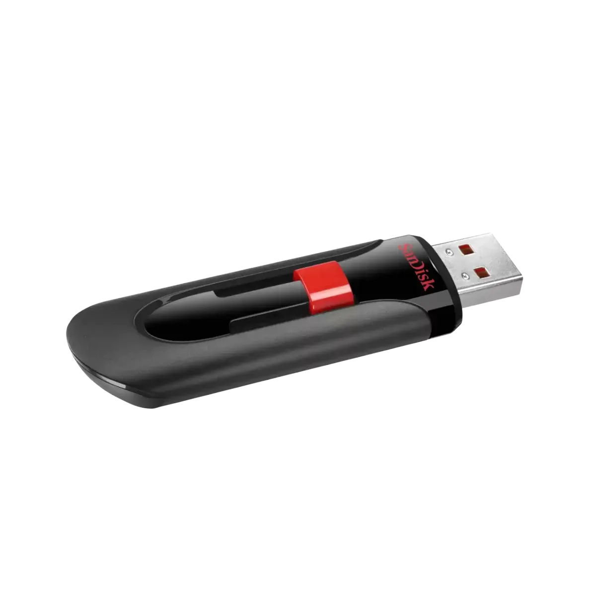 The slider exposes the connector without removing a separate cap. SanDisk Cruzer Glide 32GB — The slider exposes the connector without removing a separate cap.