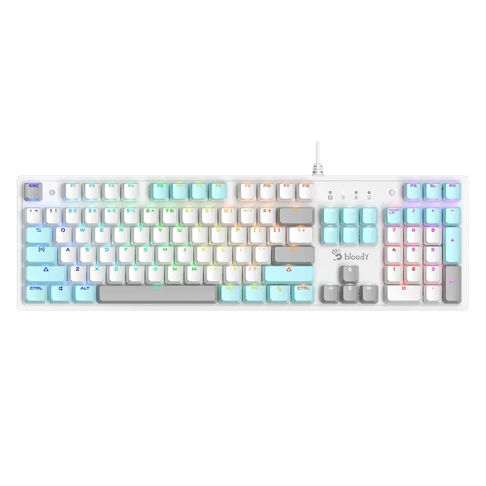 Bloody S510R White — Taste të bardha dhe blu të çelët, me numpad më vete.