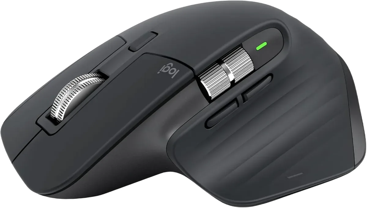 Logitech MX Master 3S — The graphite MX Master 3S has a sculpted right-hand shape and thumb support.