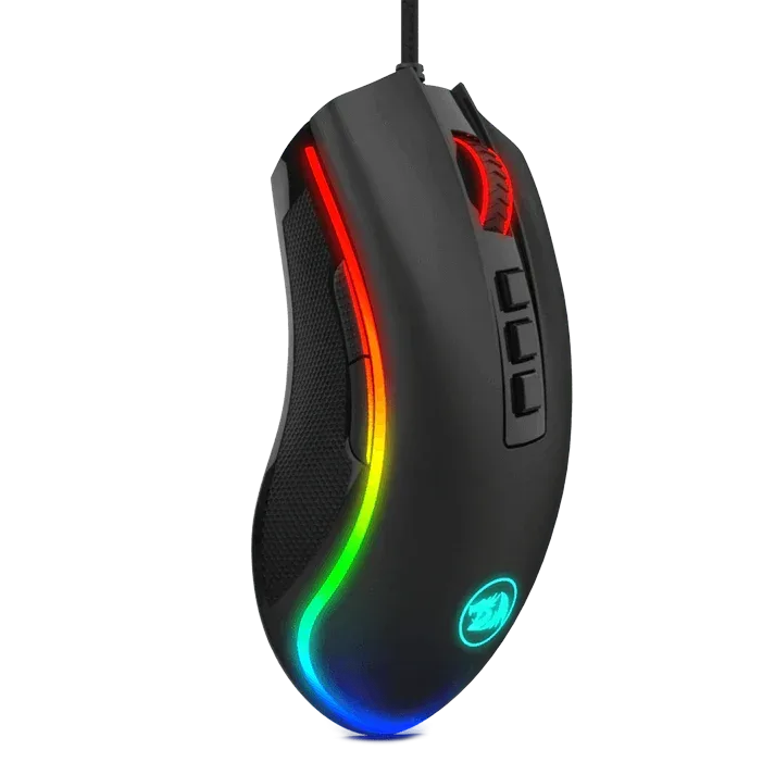 Redragon M711 Cobra Chroma — Dy butona anësorë qëndrojnë mbi sipërfaqen me teksturë.