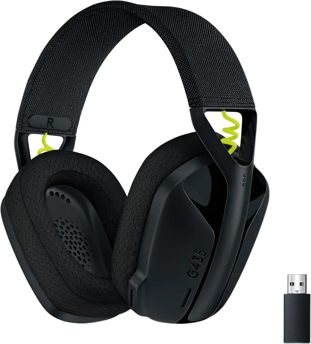 Logitech G435 Black — Black and neon-yellow G435 with its compact earcups.