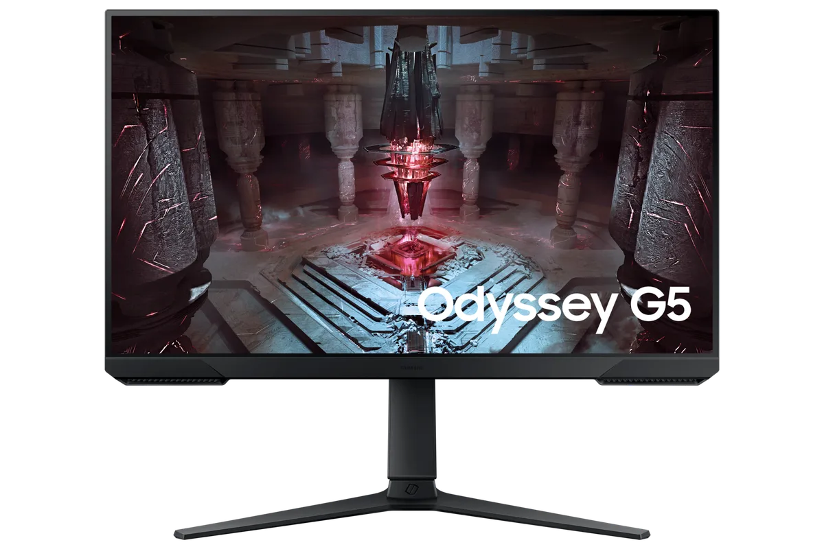 The G51C uses a flat 27-inch screen and a slim-legged base. Samsung Odyssey G51C 27″ — The G51C uses a flat 27-inch screen and a slim-legged base.