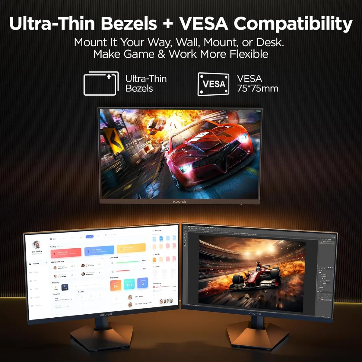 A manufacturer mounting illustration; additional screens and desk equipment are not included. Koorui G2511P — A manufacturer mounting illustration; additional screens and desk equipment are not included.