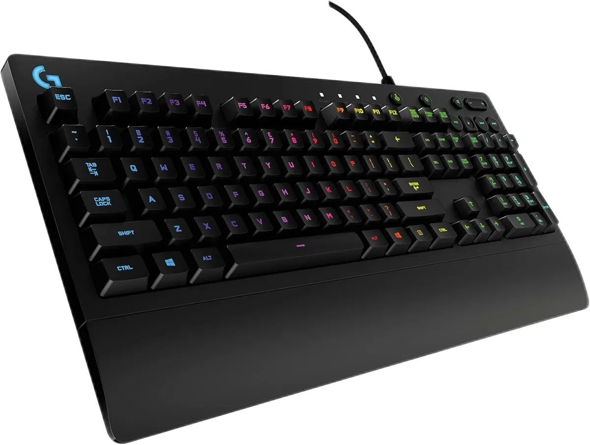 Logitech G213 Prodigy — Full-size keys with dedicated media controls above the number pad.