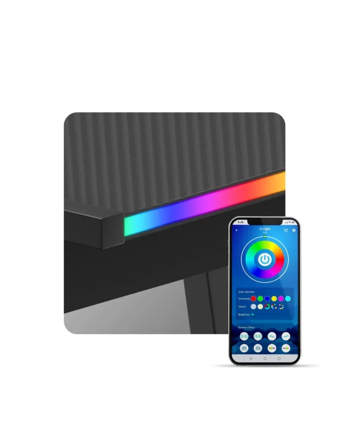 Lighting follows the desk edge and can be adjusted from a phone. The pictured phone is not included. Huzaro Hero 6.0 Black RGB — Lighting follows the desk edge and can be adjusted from a phone. The pictured phone is not included.