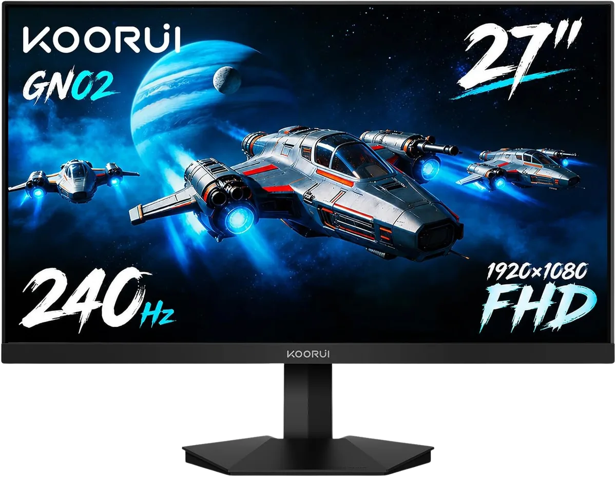 Koorui GN02 — The flat 27-inch VA panel, shown with its desk stand.
