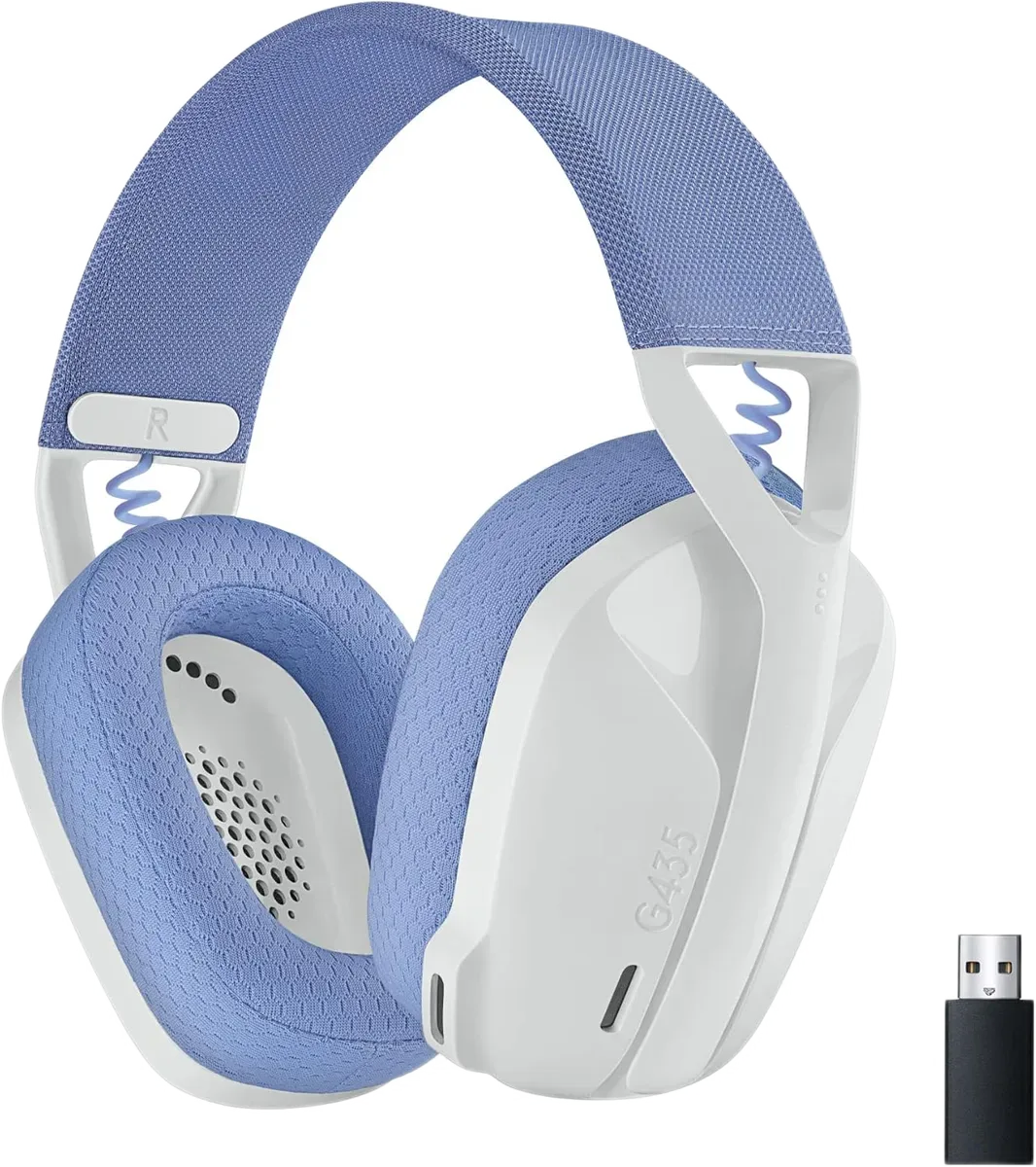 Logitech G435 White — G435 në të bardhë me detaje lejla, me kupa kompakte.