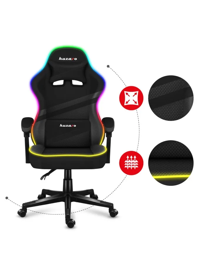 Mesh-fabric upholstery covers the sitting surfaces; lighting runs around the outer edge. Huzaro Force 4.4 RGB Black — Mesh-fabric upholstery covers the sitting surfaces; lighting runs around the outer edge.