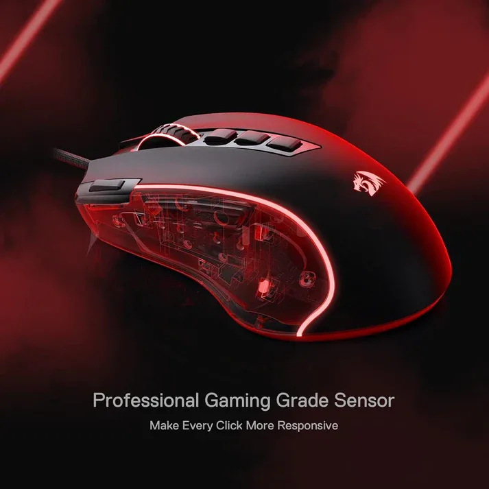 Redragon M612 Predator — Ilustrimi i produktit tregon kapjen anësore dhe vendosjen e komandave.
