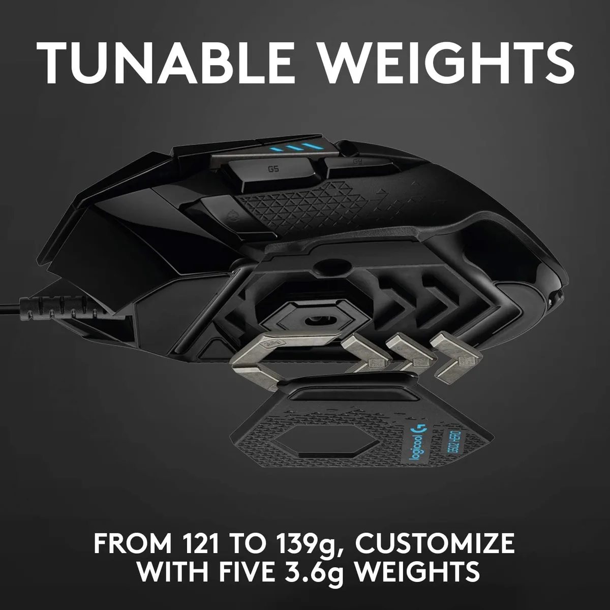 Logitech G502 HERO — Ndarja në bazë pranon peshat e përfshira për rregullim.