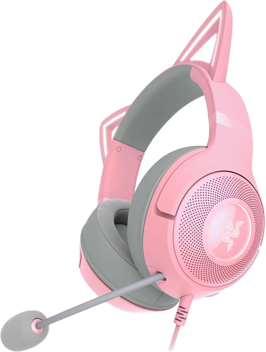 Razer Kraken Kitty V2 Quartz — Kitty V2 rozë Quartz, me veshë të ndriçuar dhe mikrofon të fiksuar.