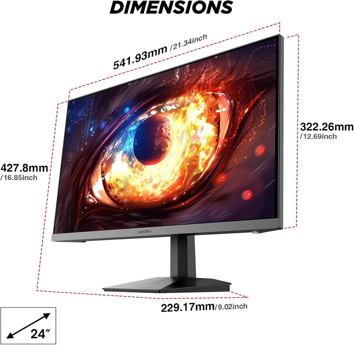 Koorui G2421V — The angled product view shows the slim panel and desk stand.