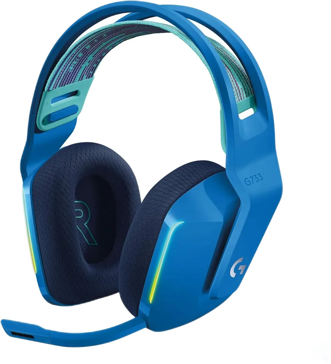 Logitech G733 Blue — Blue G733 with front lighting strips and detachable microphone.