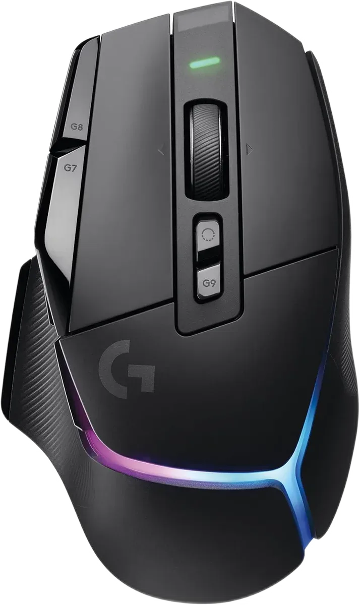 Logitech G502 X PLUS — G502 X PLUS i zi me kasën e rishikuar dhe vijën RGB.
