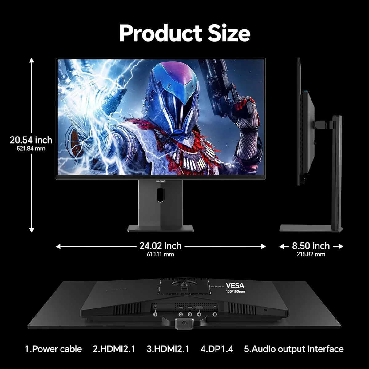Koorui S2721XO — Side profile and the HDMI, DisplayPort and audio connections.