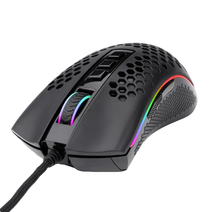 Redragon M808 Storm Black — Ana me teksturë qëndron poshtë dy butonave anësorë.