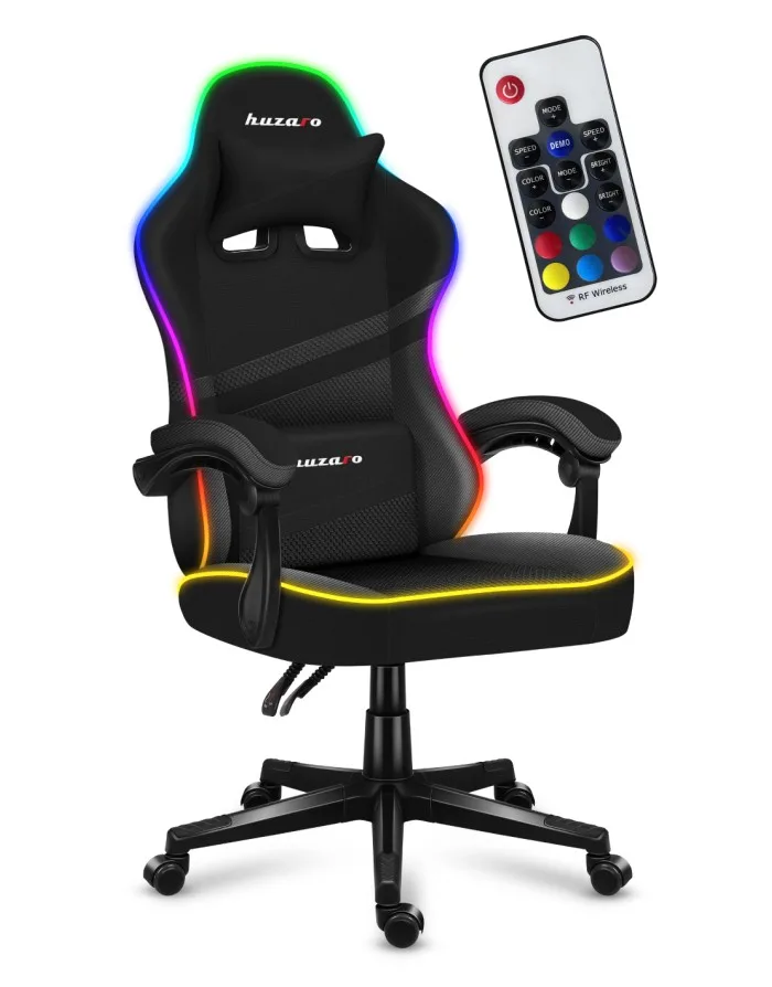Black Force 4.4 with RGB edging, padded fixed armrests and the supplied support cushions. Huzaro Force 4.4 RGB Black — Black Force 4.4 with RGB edging, padded fixed armrests and the supplied support cushions.