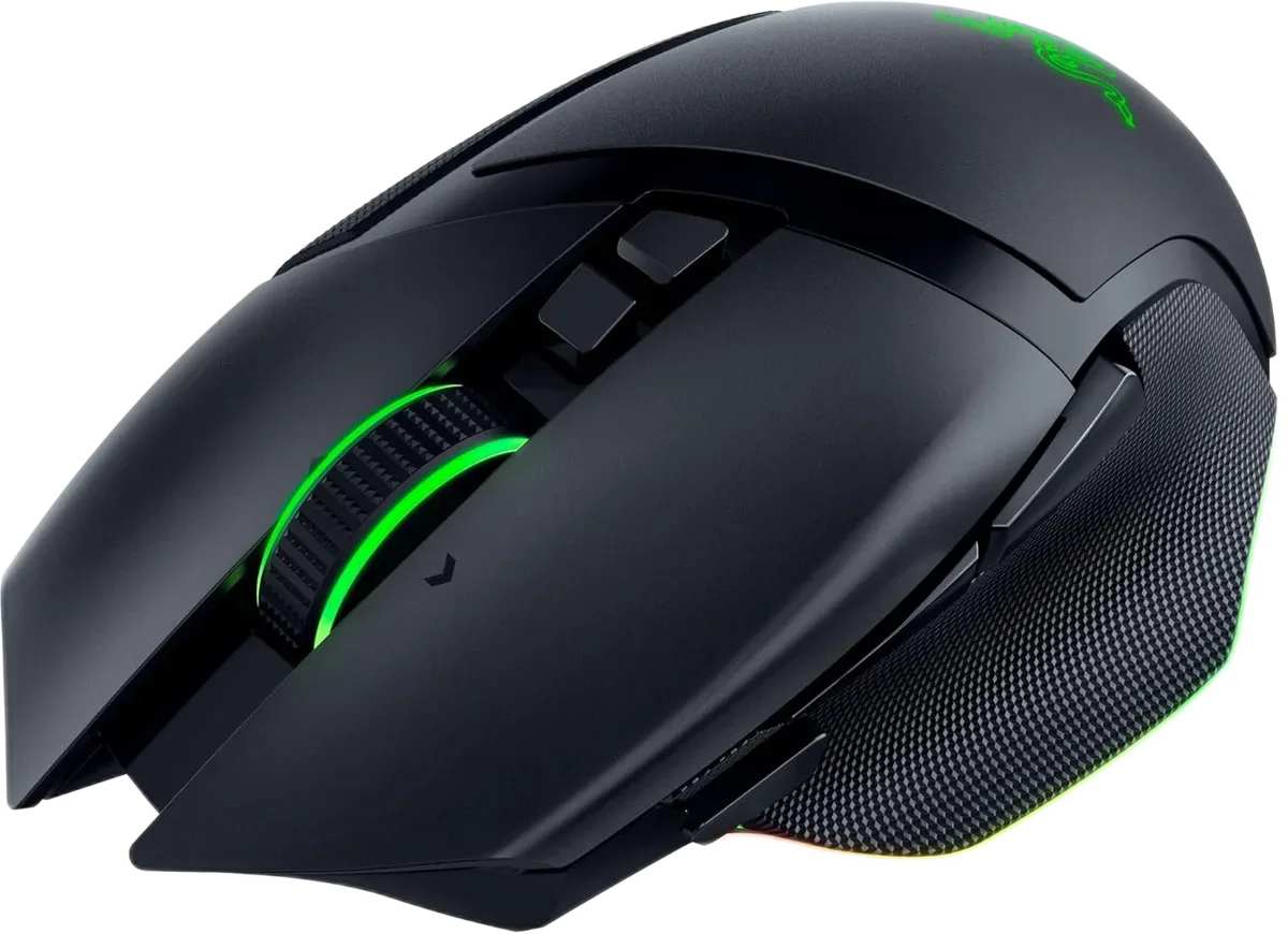 Razer Basilisk V3 Pro — Pamja nga afër tregon rrotën, butonin shtesë dhe kapjen anësore.
