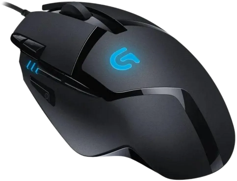 Logitech G402 Hyperion Fury — The G402 combines a shaped grip with blue logo lighting.