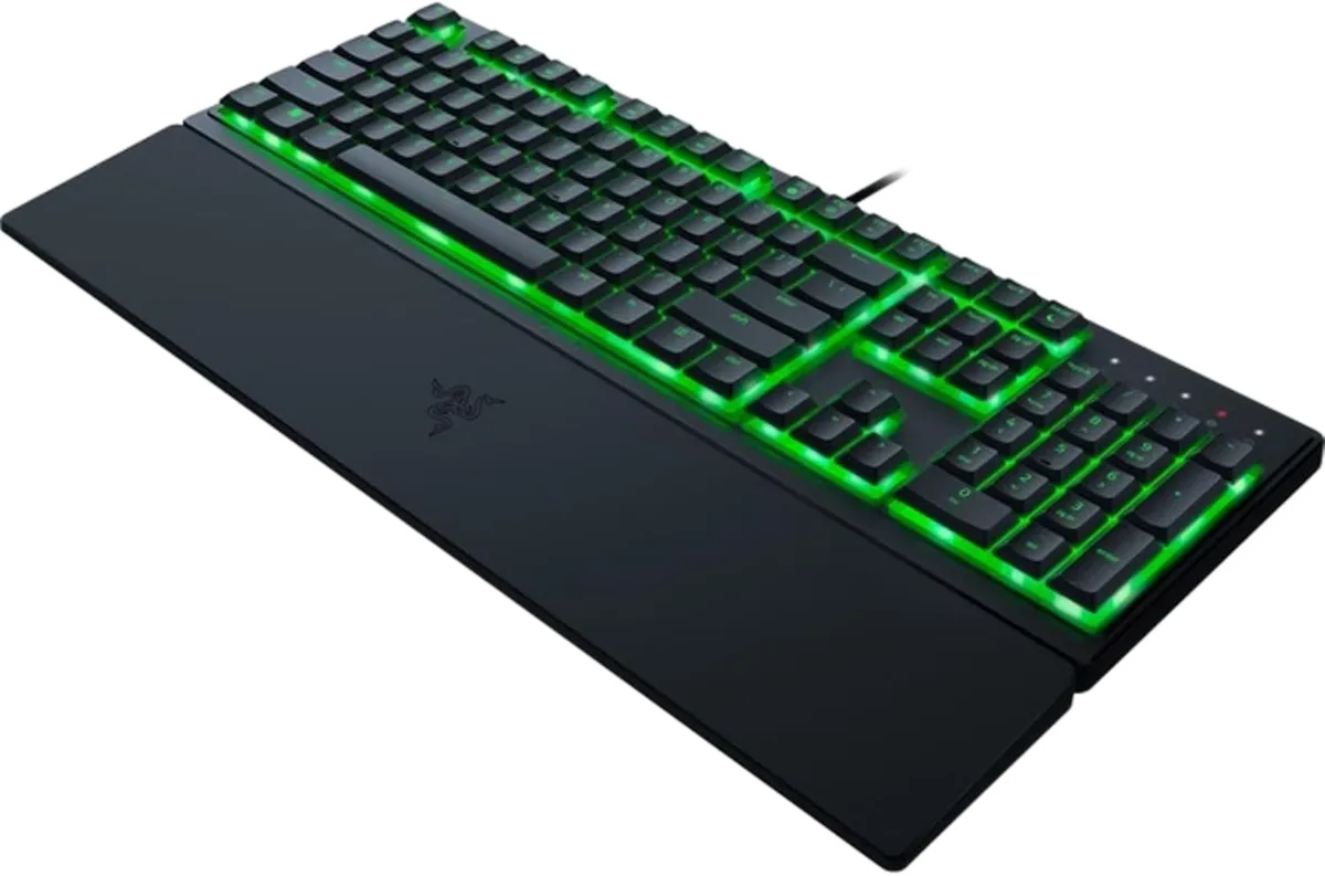 Razer Ornata V3 X — The full-size layout includes a number pad and a separate wrist rest.