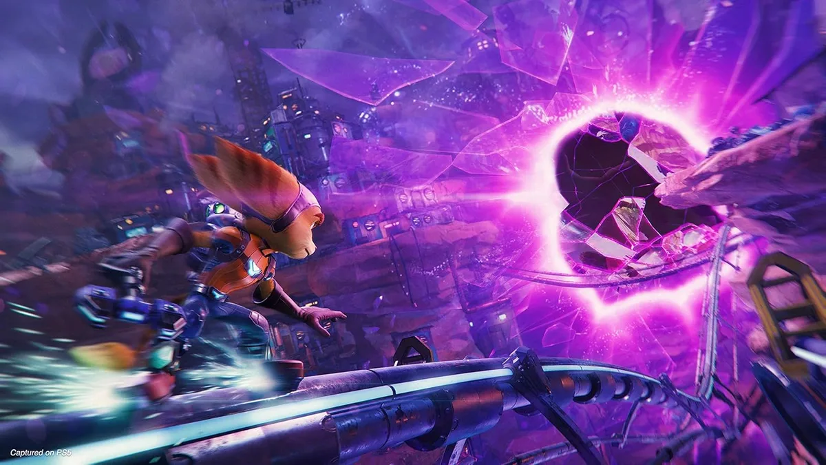 Ratchet & Clank Rift Apart — Dimensional rifts become part of the action on screen.