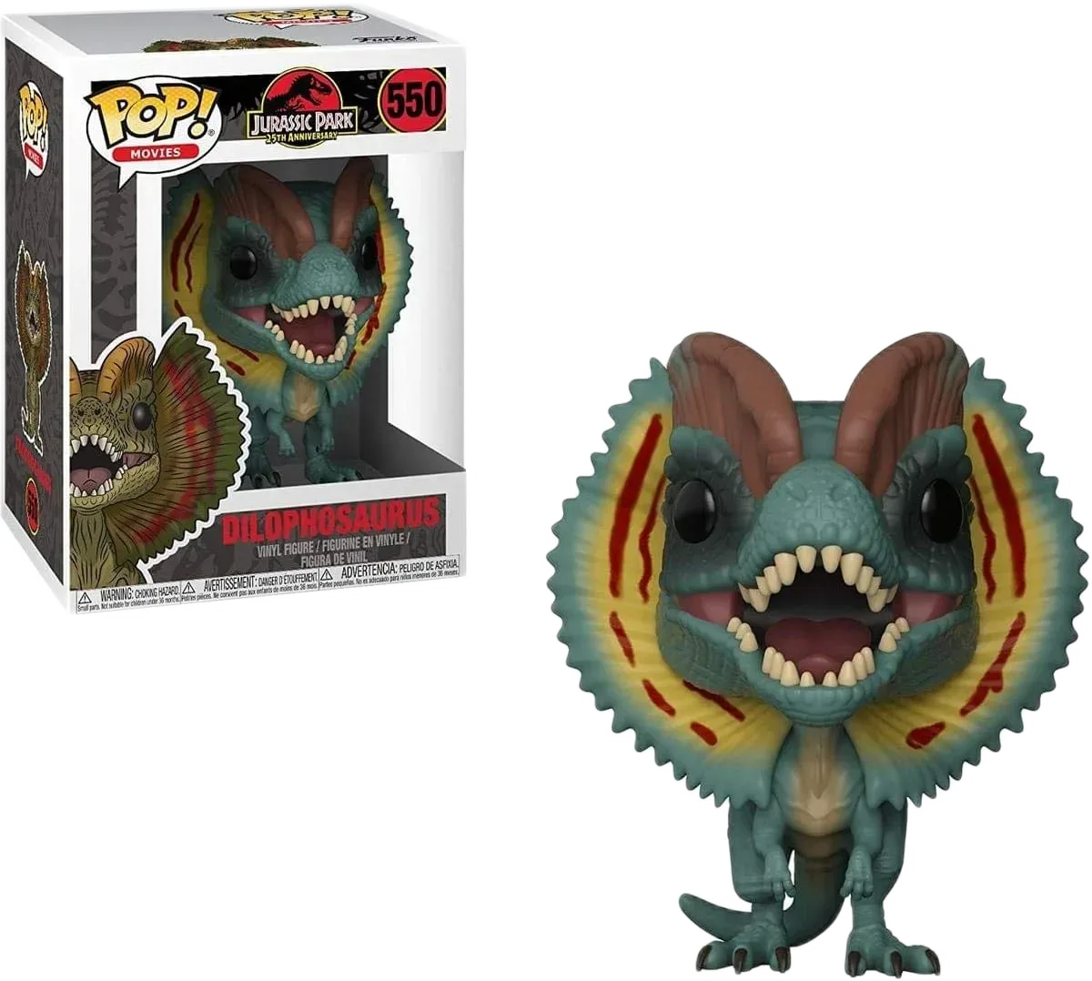 Funko Dilophosaurus — Paketimi Jurassic Park e identifikon figurën me numrin #550.