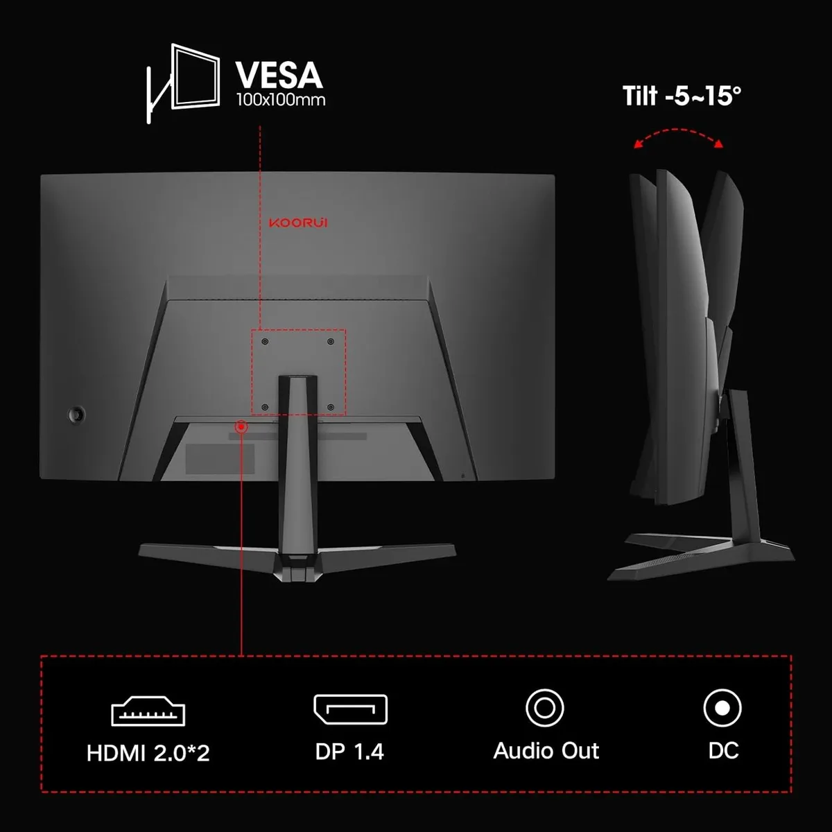The rear view shows the tilt stand, VESA mount and video connections. Koorui 27E6QCA — The rear view shows the tilt stand, VESA mount and video connections.