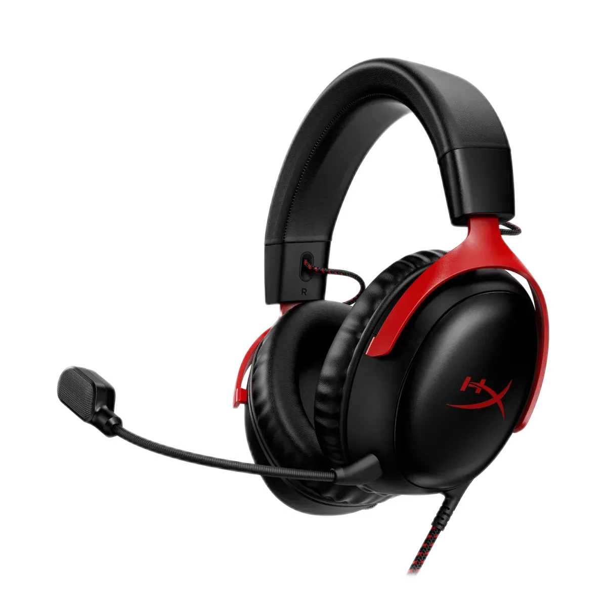 HyperX Cloud III — Cloud III me kabllo në të zezë dhe të kuqe, me mikrofonin e montuar.