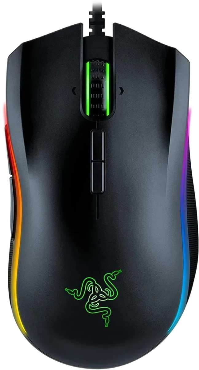 Razer Mamba Elite — Mamba Elite i zi ka shirita RGB përgjatë të dy anëve.