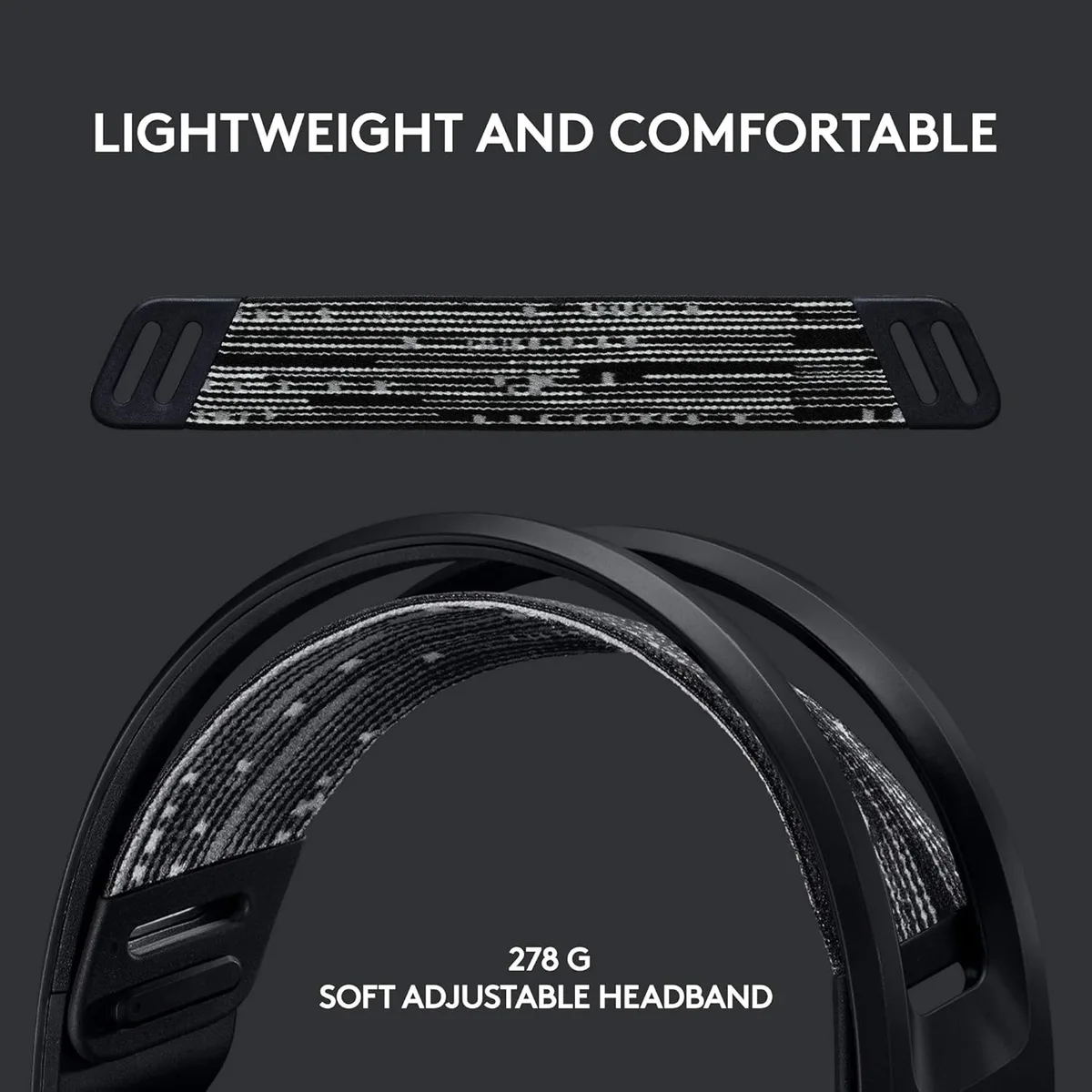 Logitech G733 Black — Rripi elastik i kthyeshëm qëndron poshtë harkut të jashtëm.