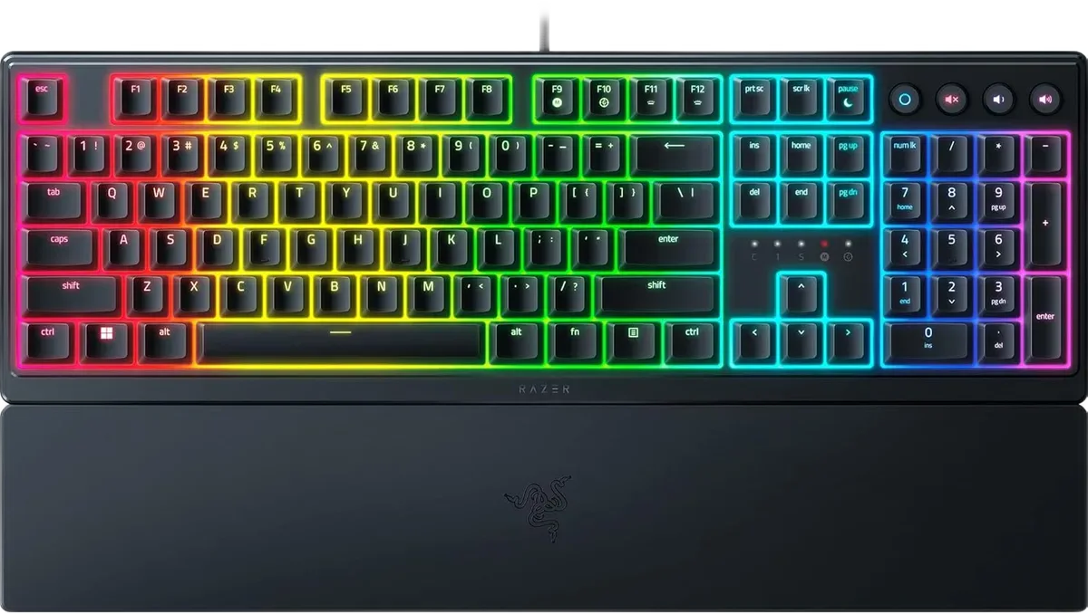 Razer Ornata V3 — The full-size keyboard includes a wrist rest and dedicated media controls.