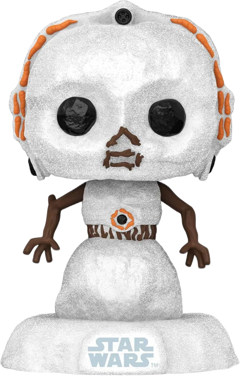 Funko C-3PO Snowman — Trupi prej njeriu bore, krahët si degë dhe baza Star Wars.